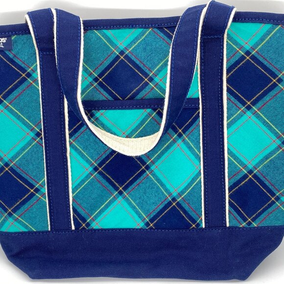 Lands End Plaid Tote Bag Canvas Open Top Seafoam Teal Green Blue 11 x 13 x 6 in - Picture 2 of 11